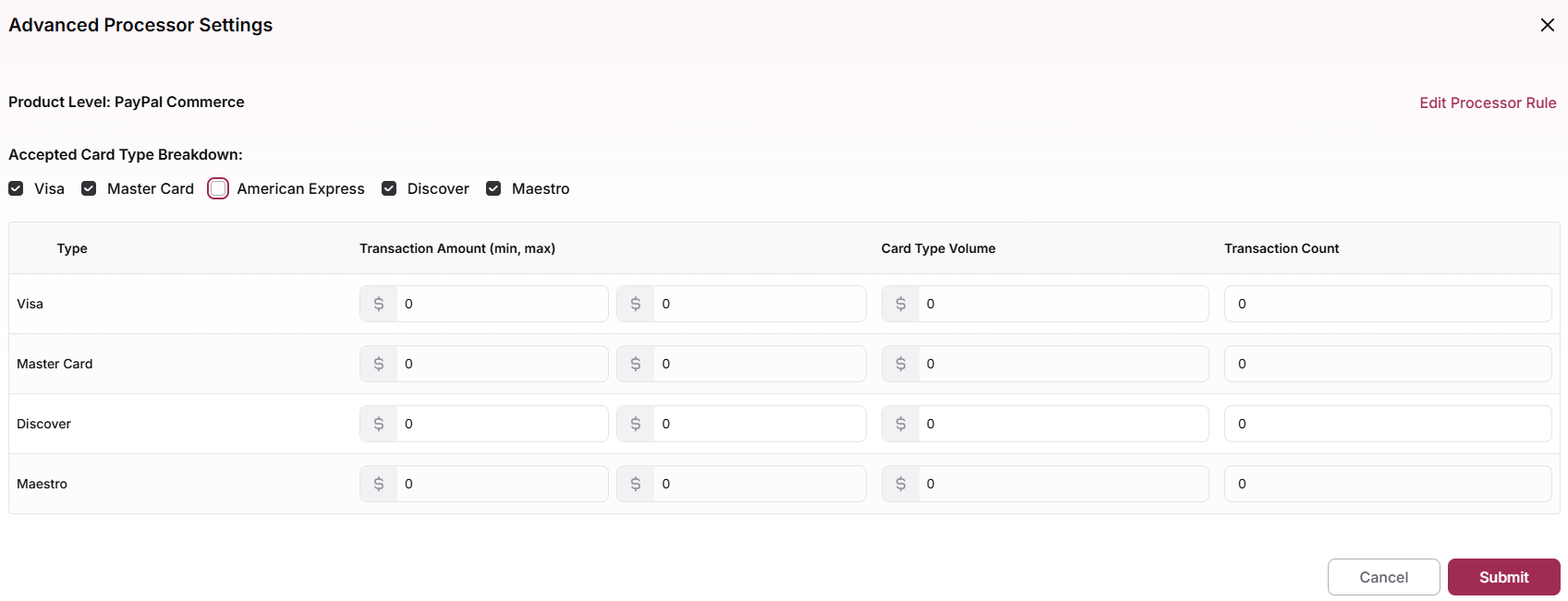 Advanced Processor Settings modal with American Express unchecked under Accepted Card Type Breakdown