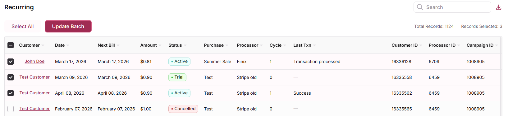 Recurring table in the Continuity report with three subscriptions selected and the Update Batch button