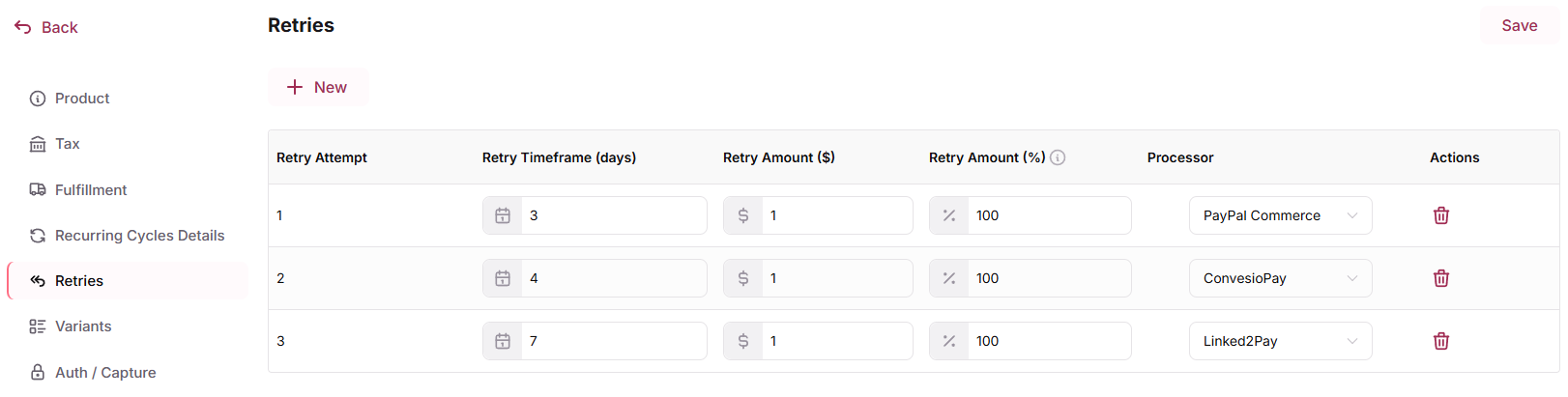 Product Retries tab with a different processor set on each retry attempt
