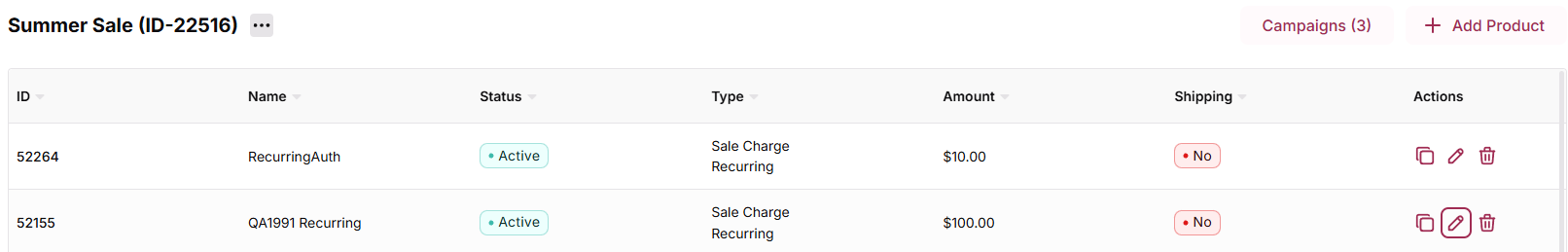 Products list with the Edit icon in the product row