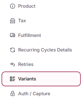 Variants tab in the product edit menu