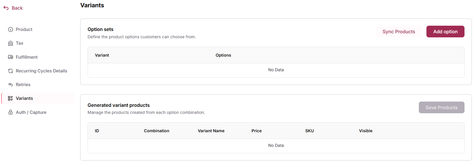 Option sets card with the Add option button
