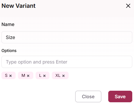 New Variant modal with the Name and Options fields