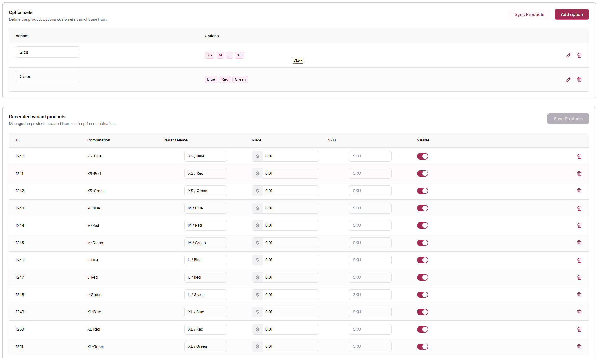 Option sets and the generated variant products for each combination