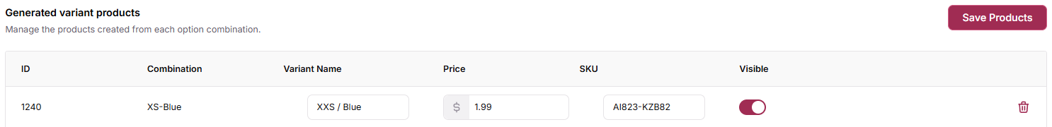 Generated variant products table with Price, SKU and Visible