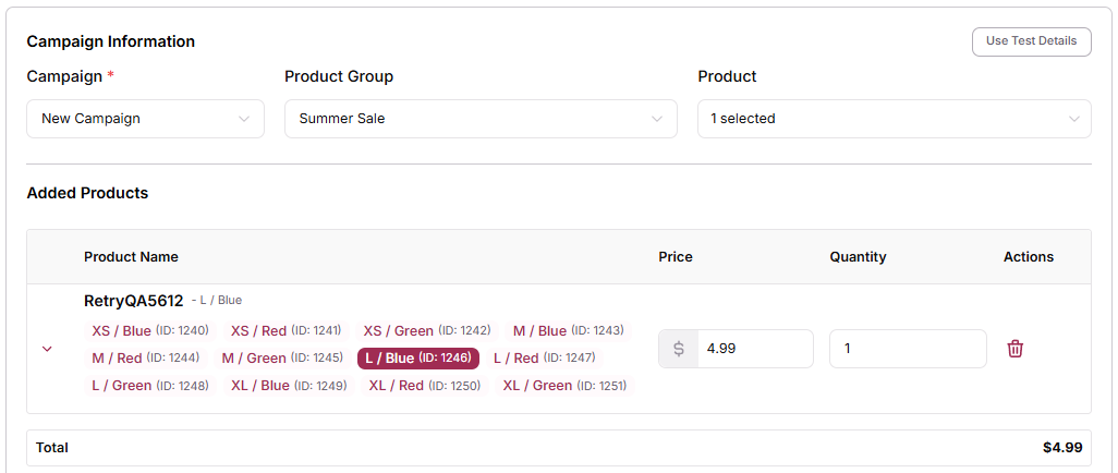Variant selection for a product in Add New Order