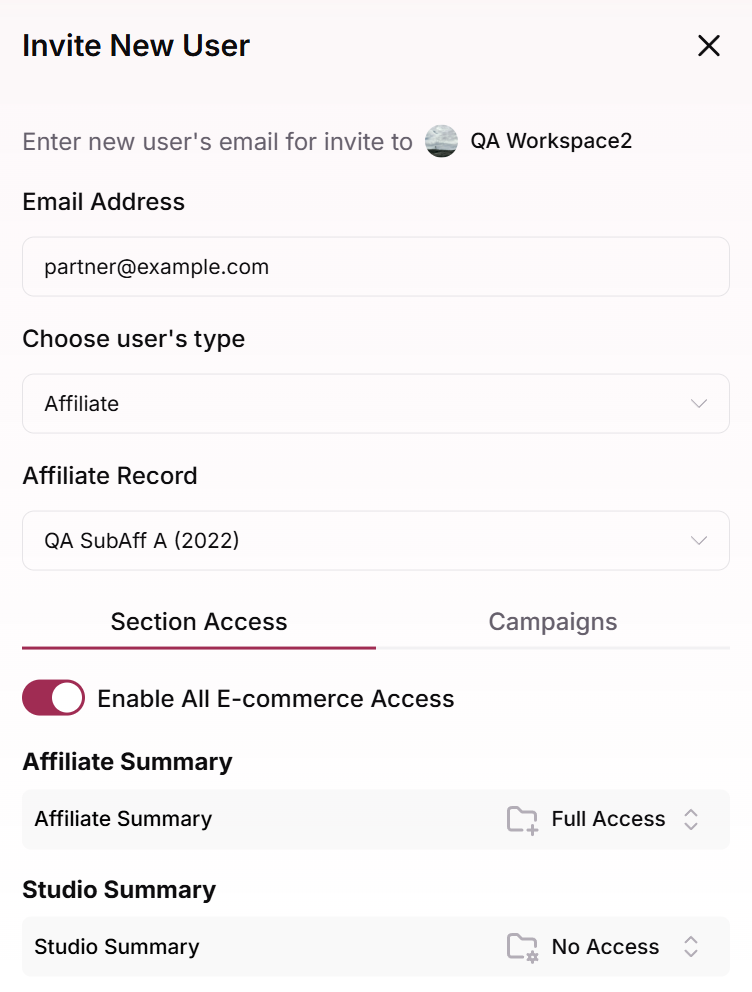 Invite New User modal with the Affiliate user type and an Affiliate Record selected