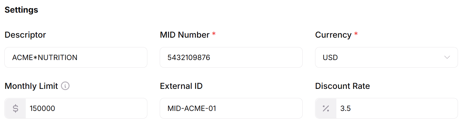 Settings tab of a processor with the Monthly Limit field set to 150000