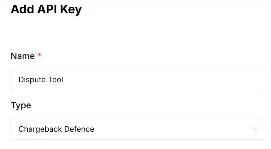 Add API Key drawer with the Type set to Chargeback Defence