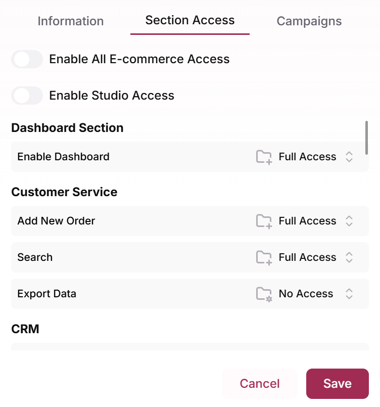 Section Access tab of the Edit user modal with Full Access and No Access per section
