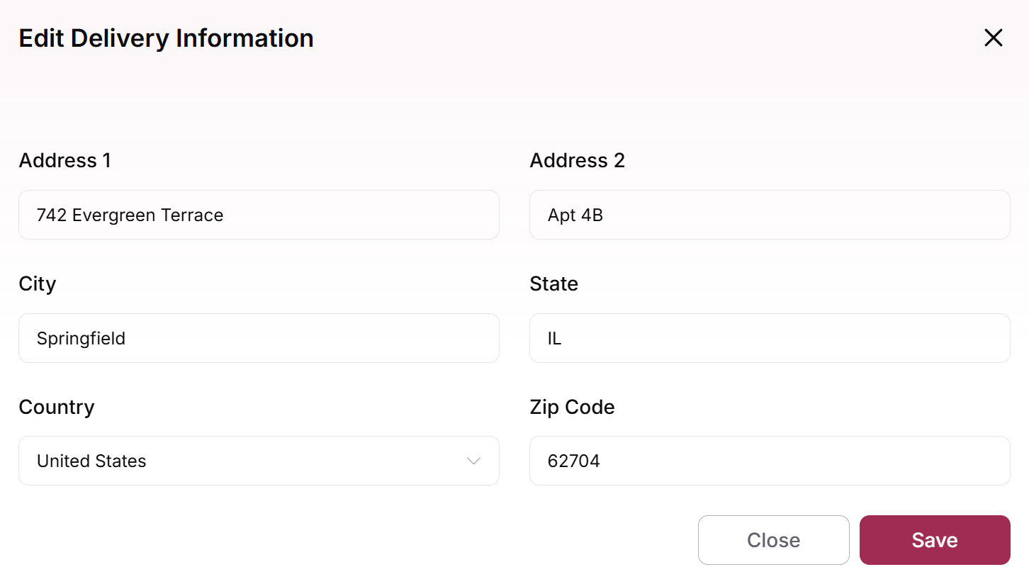 Edit Delivery Information modal with the new shipping address