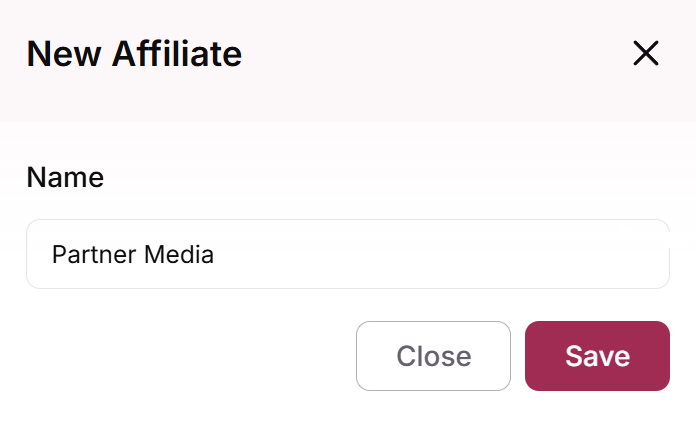 New Affiliate modal with the affiliate name filled in