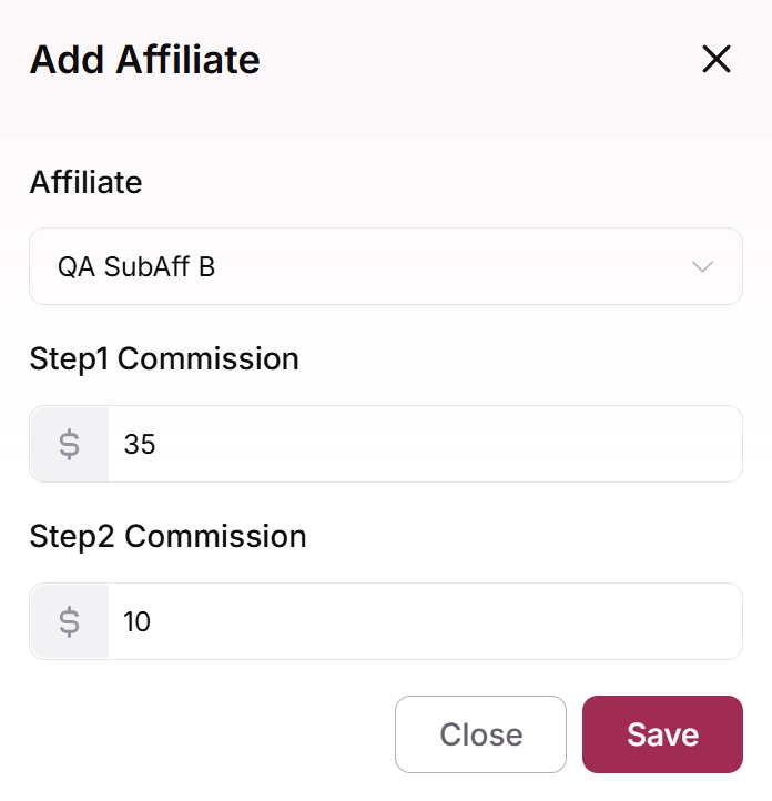 Add Affiliate modal on the campaign Affiliates tab with the affiliate and its commissions