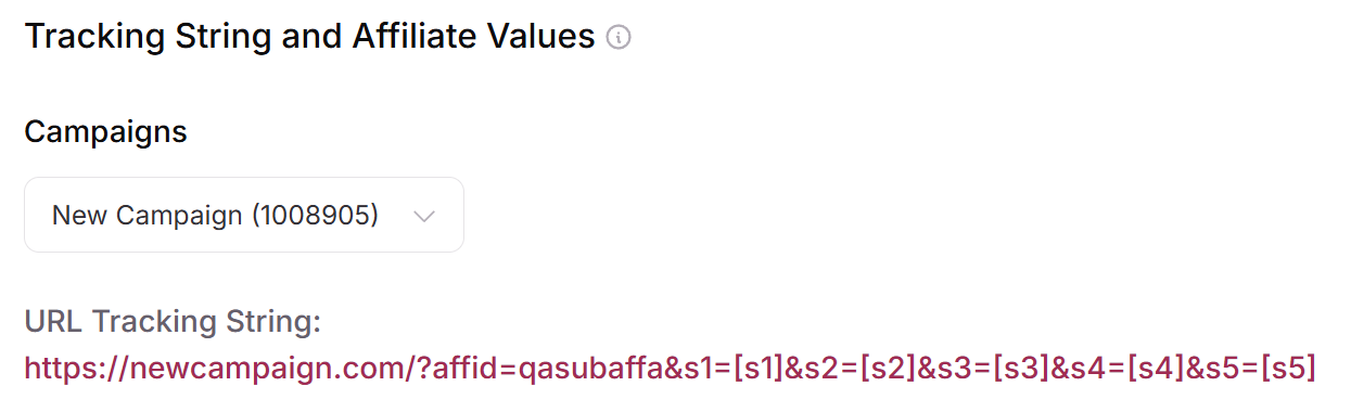 Tracking String and Affiliate Values section with the URL tracking string for a campaign