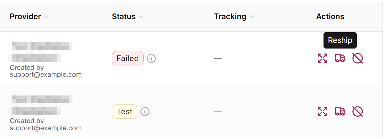 Fulfillments section of the customer profile with the Reship icon in the Actions column