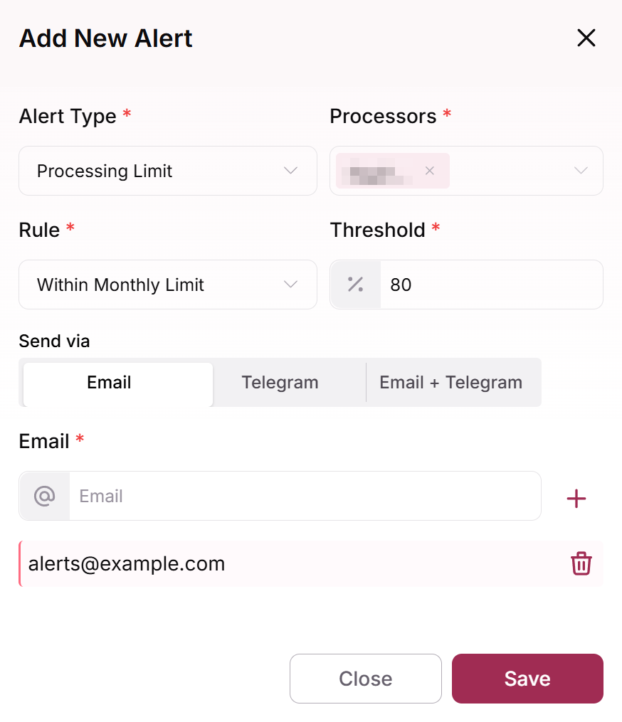 Add New Alert modal with Processing Limit, Within Monthly Limit, an 80% threshold and an email recipient