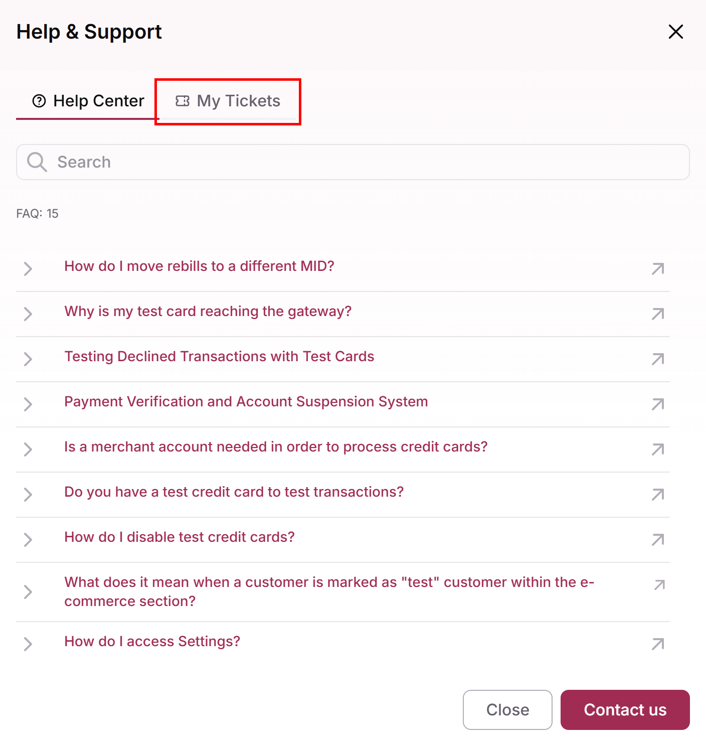 Help & Support window with the My Tickets tab highlighted