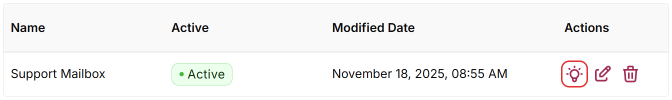 SMTP account list with the Validate (light bulb) icon highlighted in the Actions column