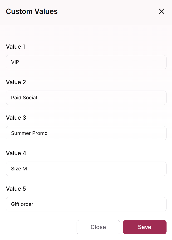 Custom Values window with Value 1 to Value 5 filled in and the Save button