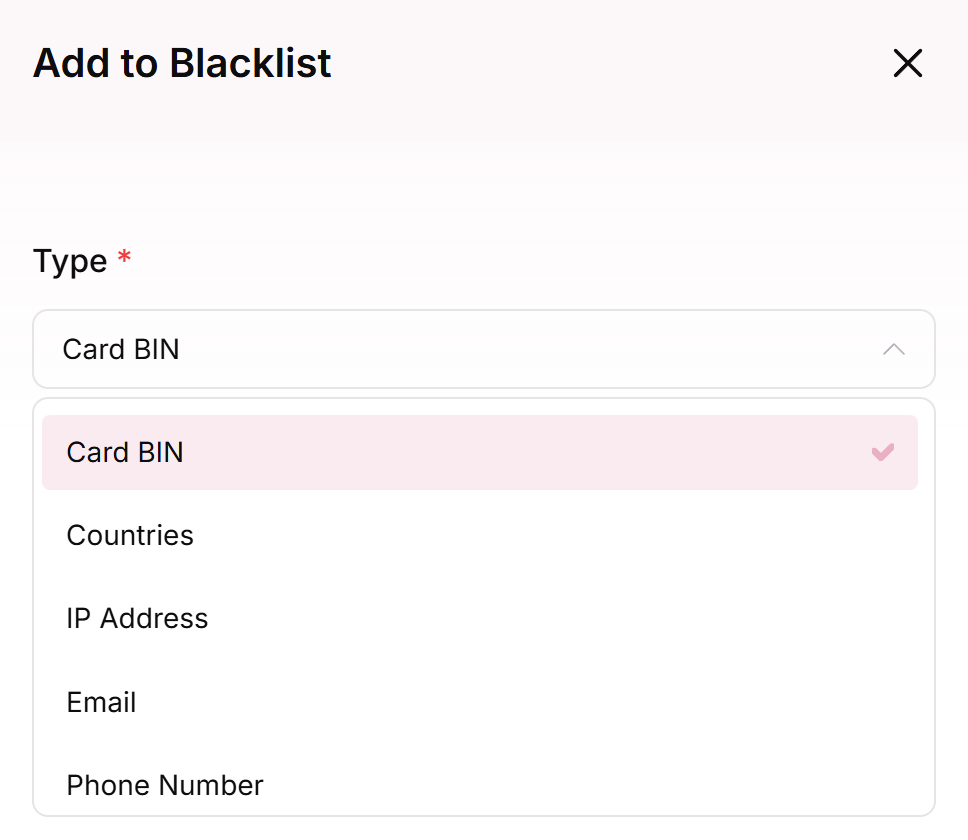 Add to Blacklist modal with the Type list open
