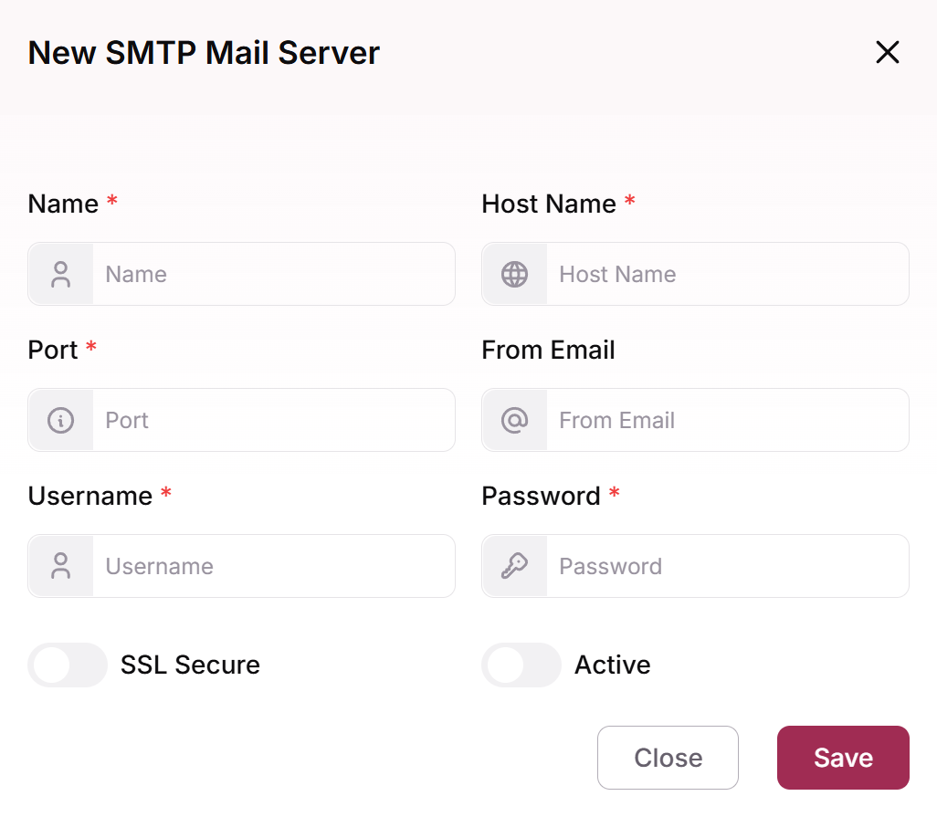 New SMTP Mail Server form with Name, Host Name, Port, From Email, Username, Password, SSL Secure and Active