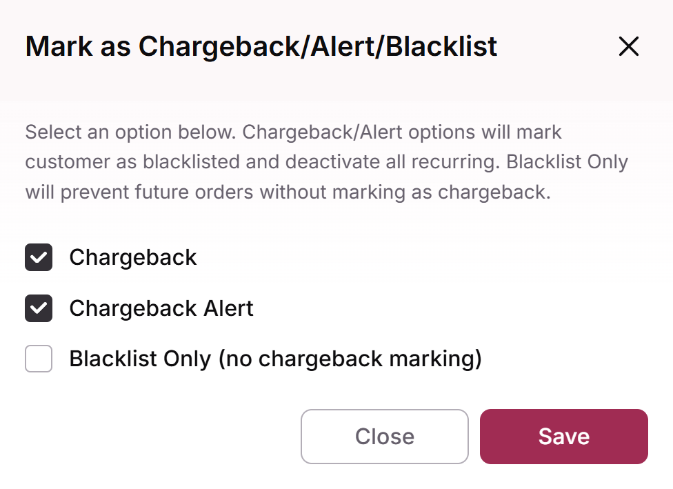 Mark as Chargeback/Alert/Blacklist window with Chargeback and Chargeback Alert selected