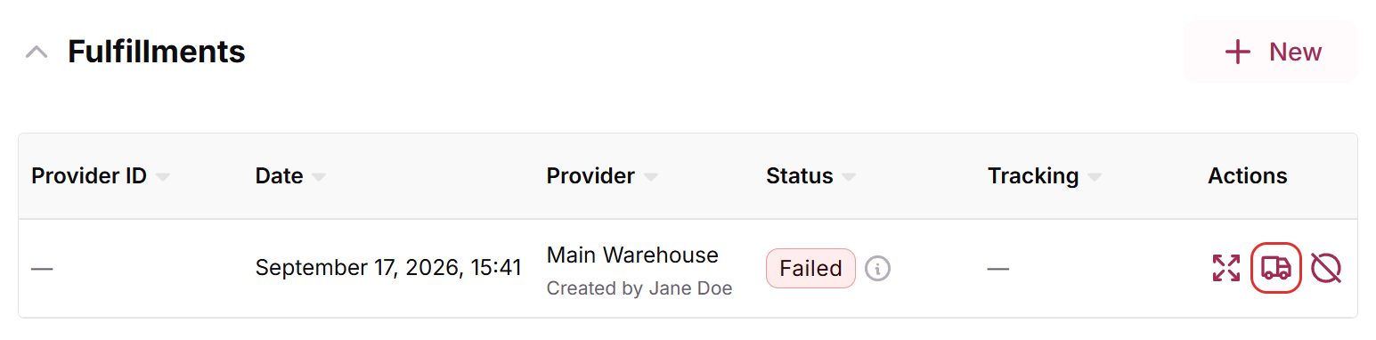 Fulfillments section of the customer with a Failed fulfillment and the Reship icon highlighted