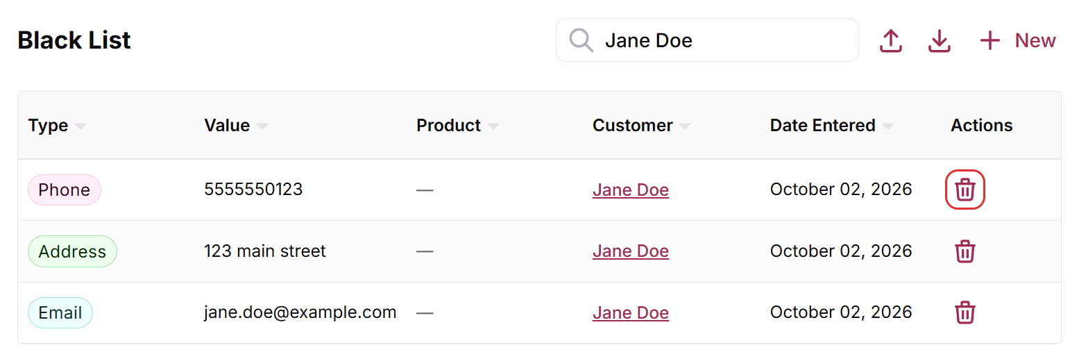 Blacklist System filtered by the customer name, with the phone, address and email entries and the Delete icon