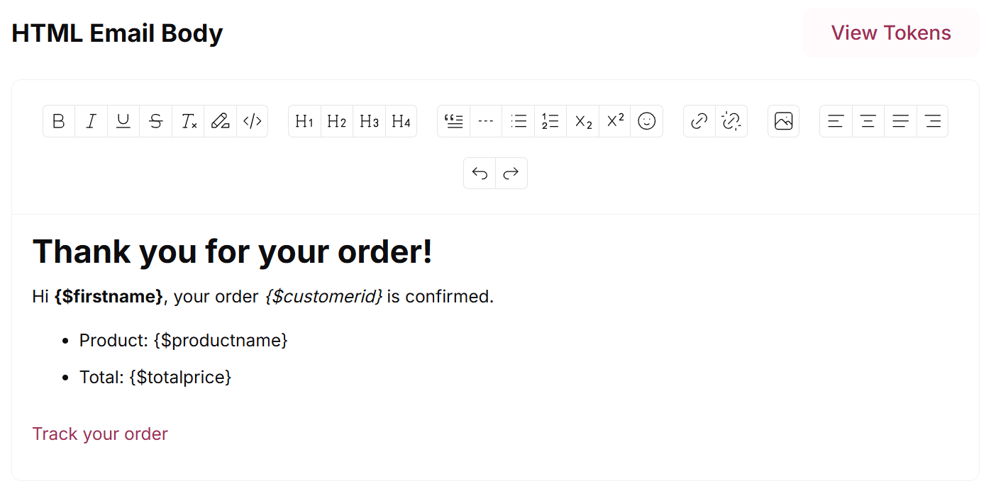 HTML Email Body editor with the formatting toolbar