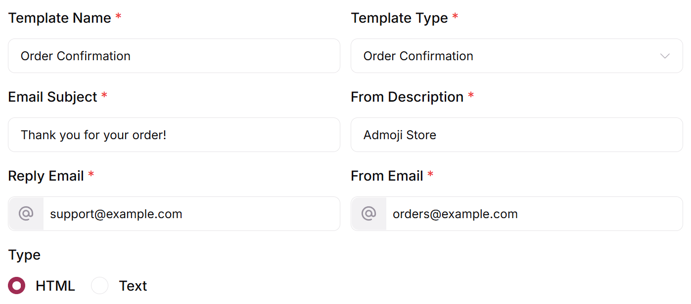 Add New Template form with the Type field set to HTML