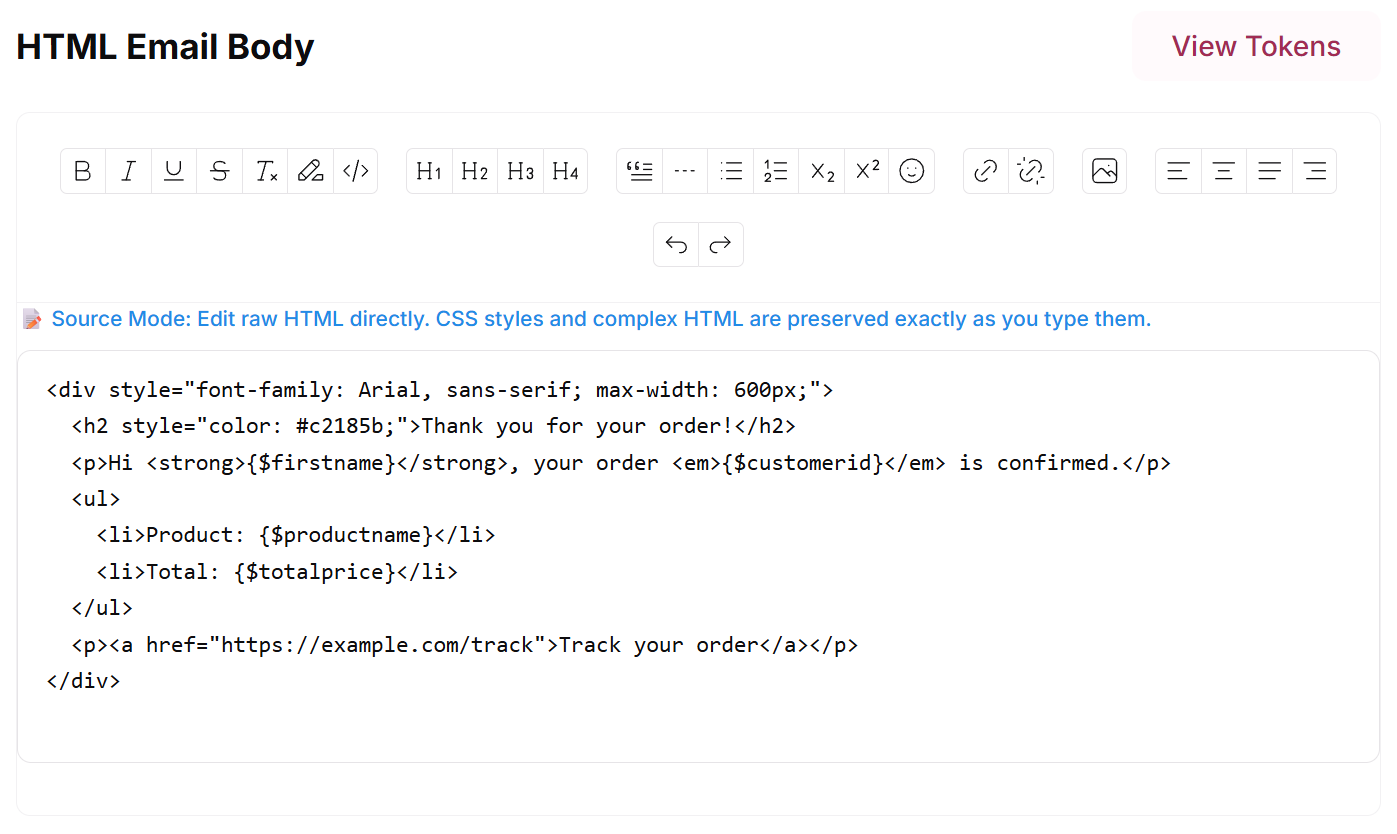 Editor in source view showing the raw HTML of the template
