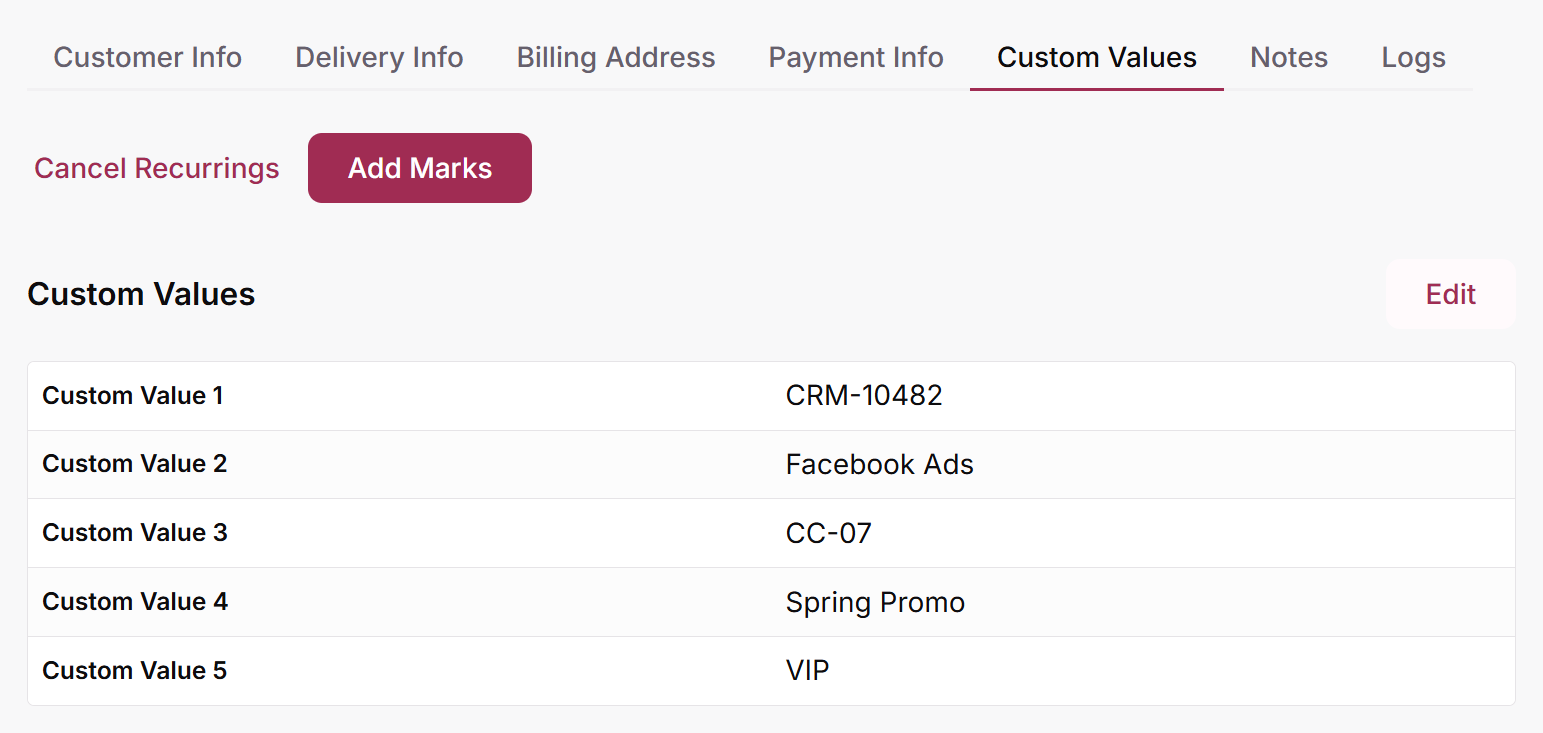 Custom Values tab of a customer showing Custom Value 1 to Custom Value 5 and the Edit button