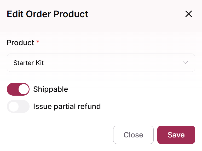 Edit Order Product window with the same product selected and Shippable turned on