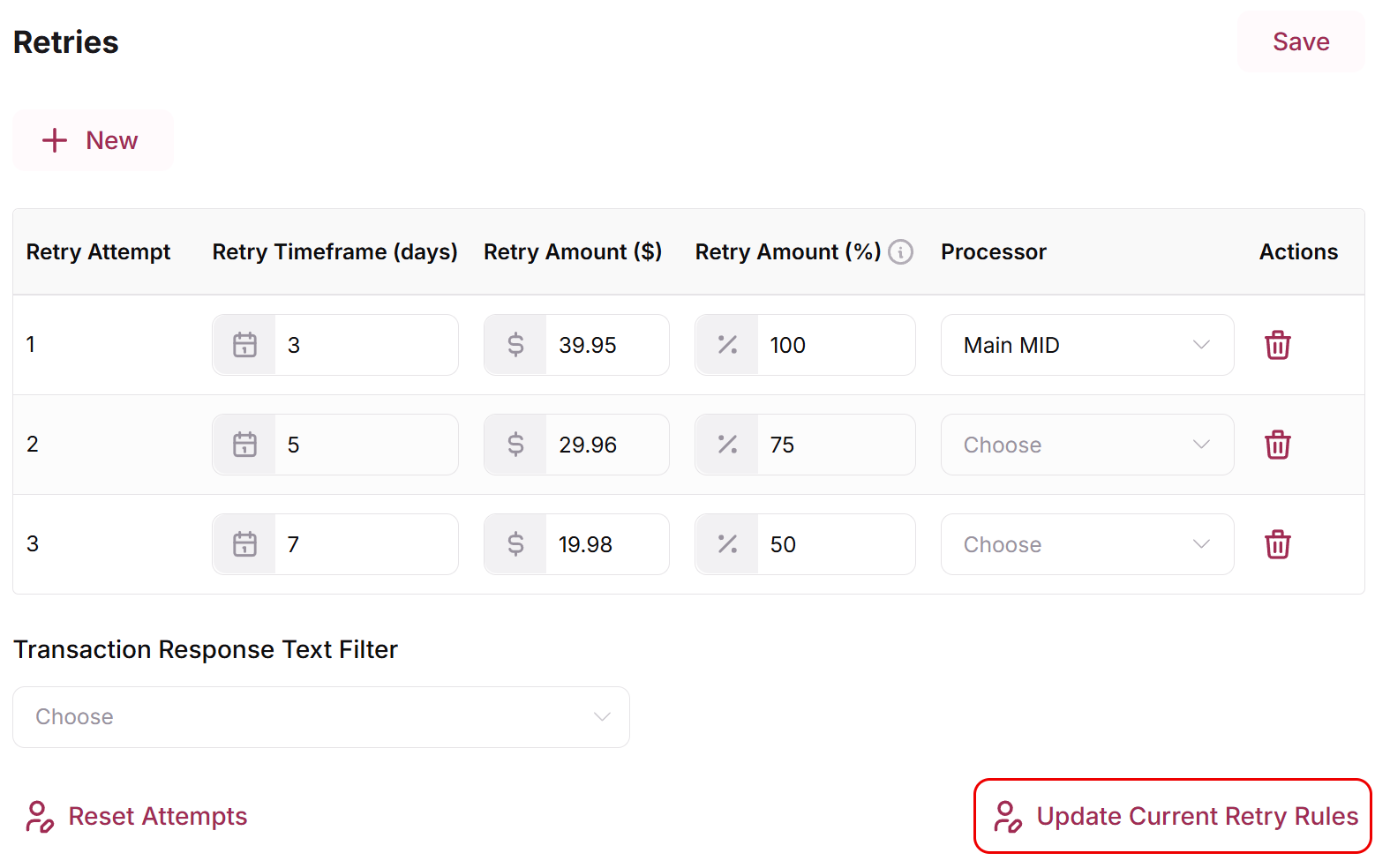 Retries tab of a product with the retry attempts and the Update Current Retry Rules button highlighted