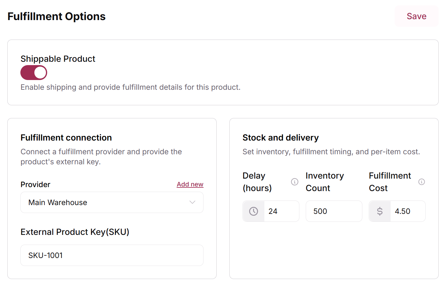 Fulfillment tab of the product with Shippable on, the fulfillment provider and the External Product Key(SKU) field