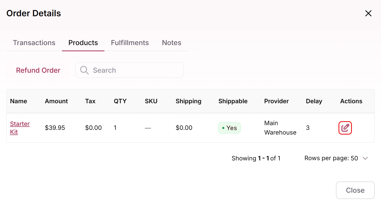 Products tab of the Order Details window with an empty SKU and the Edit order product icon highlighted