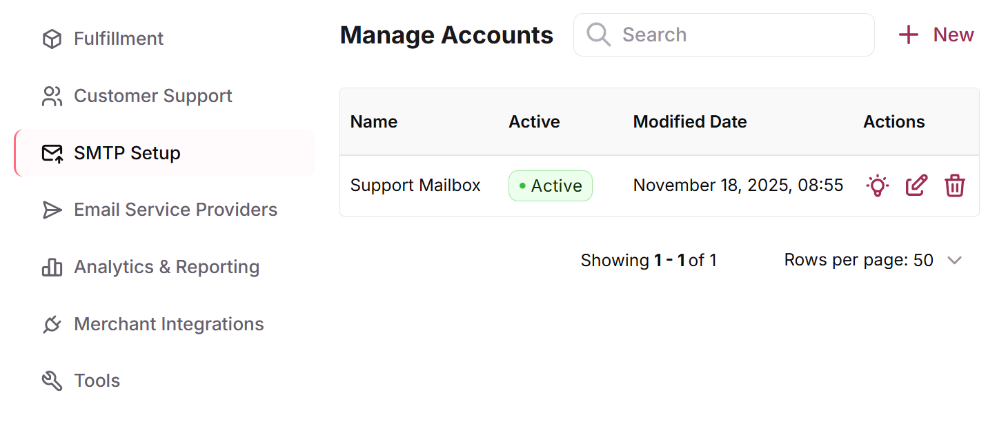 SMTP Setup tab of Plugins with the Manage Accounts list and the New button