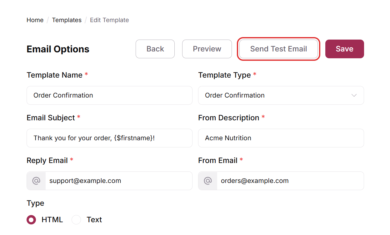 Email Options page of a saved template with the Send Test Email button next to Preview and Save