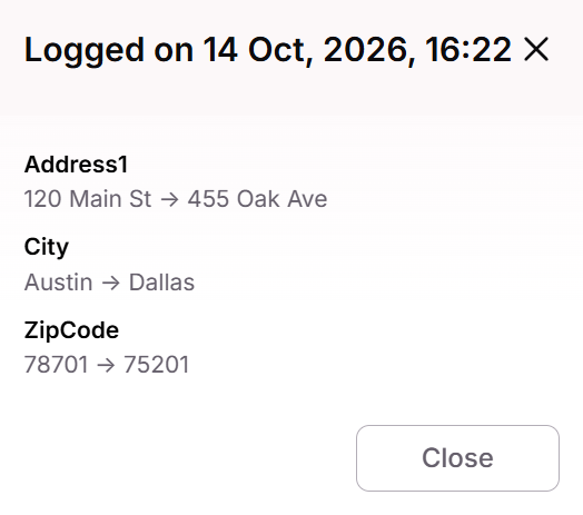 Changes modal of a shipping address edit showing Address1, City and ZipCode with their old and new values