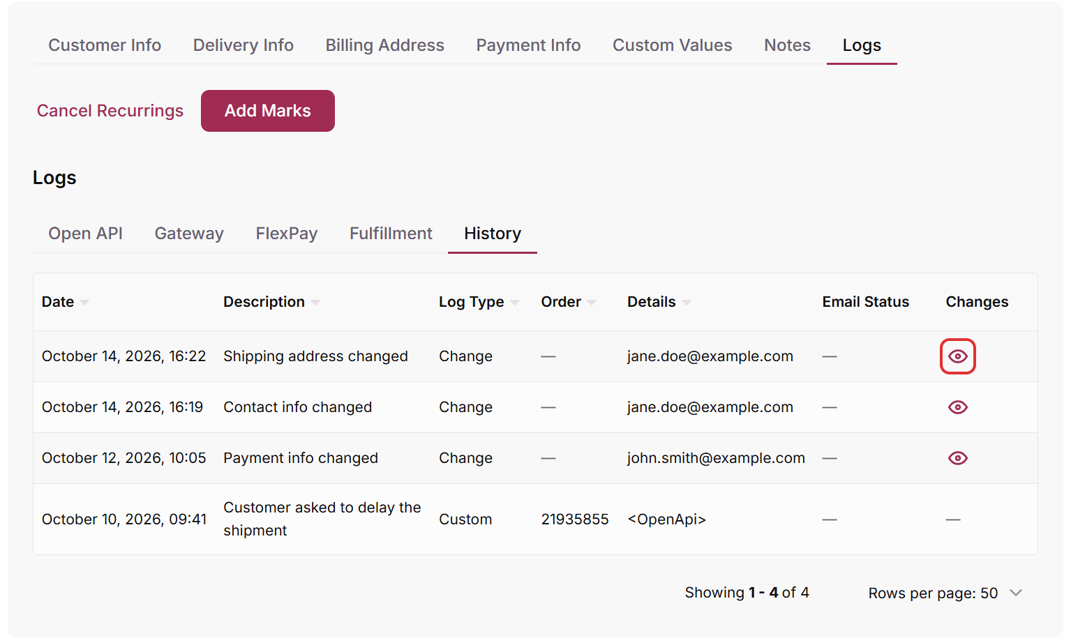 History tab under the customer's Logs with Change entries, the user who made each edit and the eye icon in the Changes column