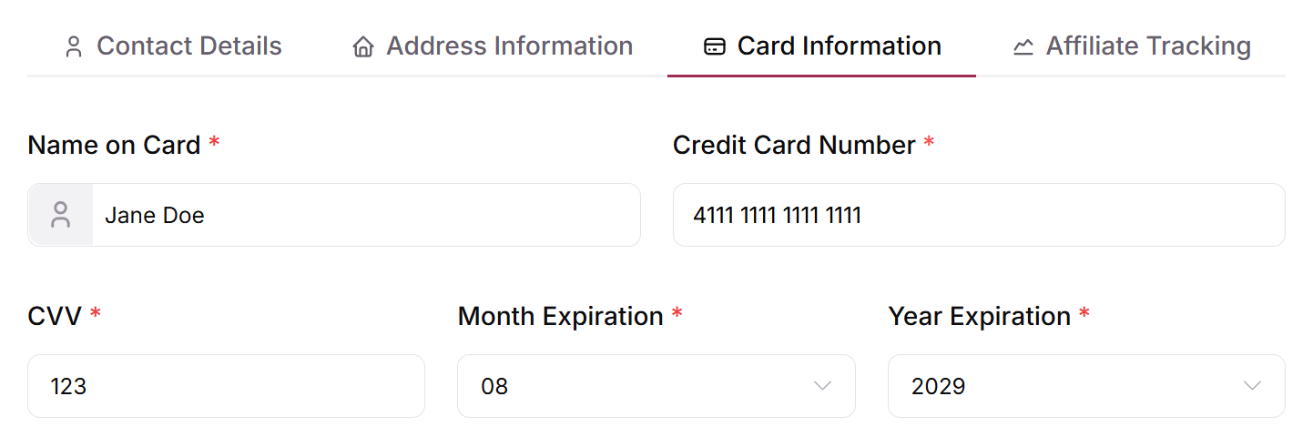 Card Information tab of Add New Order with a test card number entered