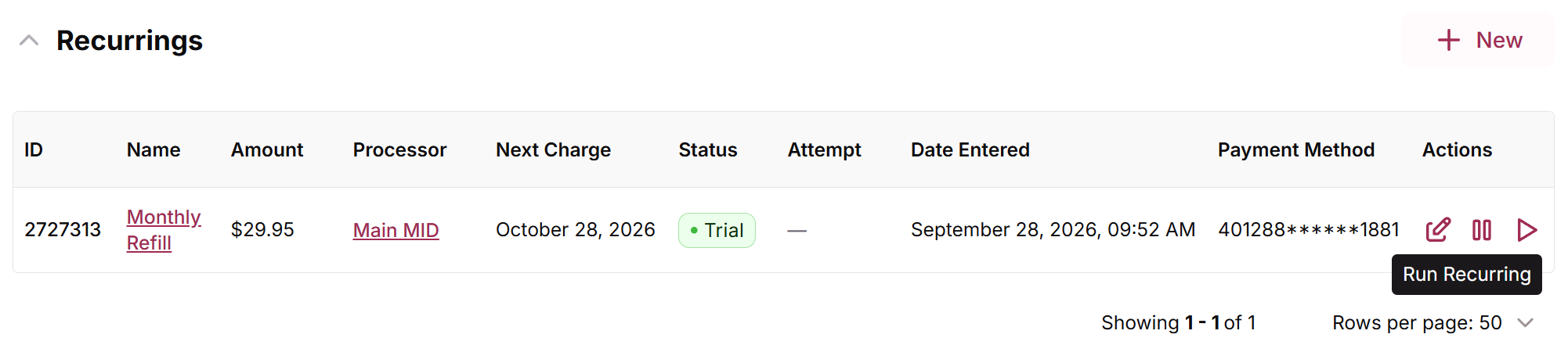 Recurrings section of the test customer with the Run Recurring action on a subscription