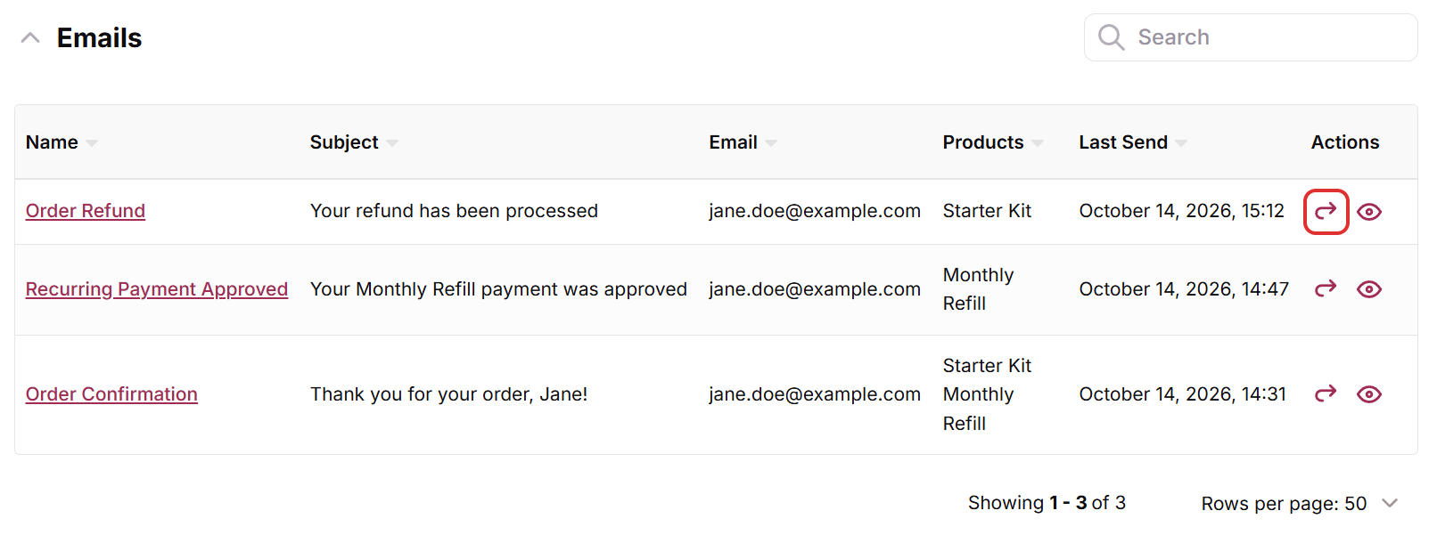 Emails section of the test customer listing the emails sent, with the Resend action highlighted
